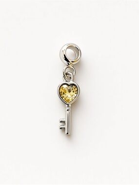 Silver Key Charm with Yellow Heart Crystal – Pandora Style